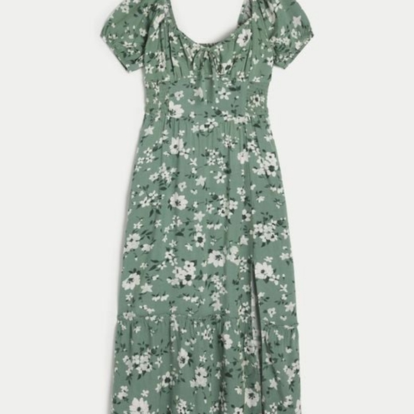 Hollister Sofia Side-Smocked Midi Dress COLOR: GREEN FLORAL SIZE: M Petite - Picture 1 of 8